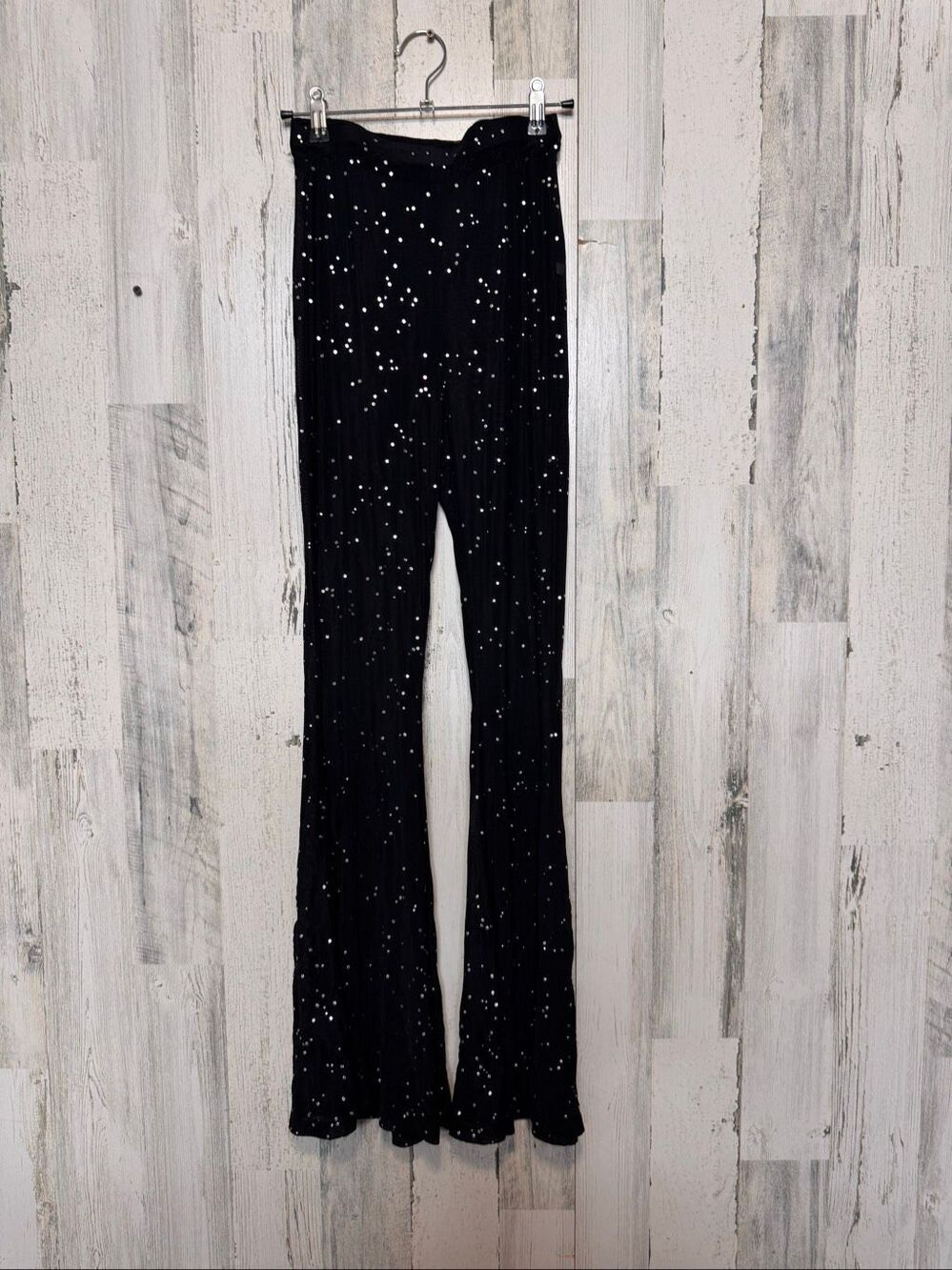 Rhinestone Sheer Mesh Flare Pants Womens Small Black High Waist Bell Bottoms